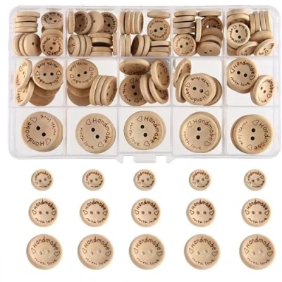 Imagen de Botones Redondos de Madera Hechos a Mano con Forma Delicada 2 Agujeros para Coser Decoraciones Artesanales 15 mm 20 25 140 piezas