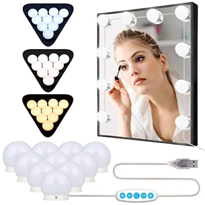 Imagen de Anmossi Luces de Espejo Maquillaje,Lámparas Para el LED Estilo Hollywood con Interruptor y 10 Bombillas Regulables,3 Modos Color 5 Brillo,Diseño Cable USB Tocador
