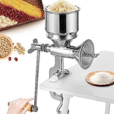 Imagen de Moongiantgo Molinillo de Cereales Manual Acero Inoxidable, Finura Molienda Ajustable, Diseño Manivela &amp; Abrazadera Mesa, φ105mm Tolva Grande, para Nuez, Café, Semilla, Maíz, Especia Y Más