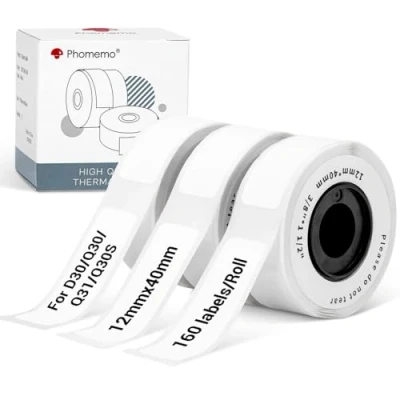 Imagen de Phomemo D30 Q30S Etiquetas, Etiquetas Blancas Autoadhesivas para Impresora de Q30S, Q30, D30, 12 x 40mm, 160 por Rollo, 3 Rollos