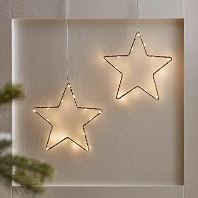 Imagen de Lights4fun Decoración de Navidad Dúo Estrellas Doradas 15cm con 30 LED Blancos Cálidos a Pilas para Interiores