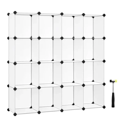 Imagen de SONGMICS Armario Modular, 16 Cubos, Zapatero Cubos Apilables, Estante de Plástico PP, Divisor Armario, para Dormitorio, Oficina, 31 x 123 cm, Blanco LPC44L