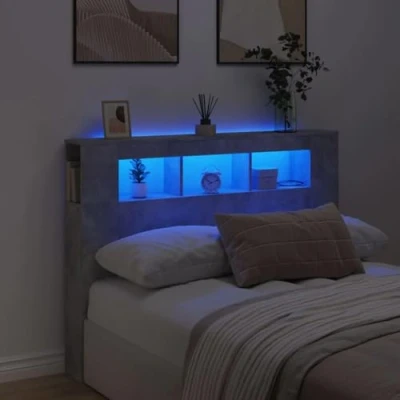 Imagen de vidaXL Cabecero LED, Cabecera con Almacenaje, Cabezal de Cama, para Dormitorio, Madera Ingeniería Gris Hormigón 140x18,5x103,5 cm