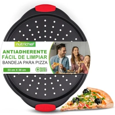 Imagen de NutriChef Bandeja antiadherente para pizza, con mango de silicona, sartén redonda acero agujeros perforados, Calidad profesional