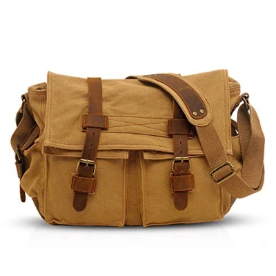 Imagen de FANDARE Nuevo Bolso de Bandolera Lona Bolsa Mensajero Hombro Bolsos Cruzados para 14 Pulgadas Laptop Maletín Hombre Mujer Crossbody Bag Conmutar Trabajo Viaje Escuela Profesor Caqui