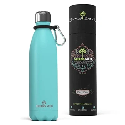 Imagen de Greens Steel Botella de Agua en Acero Inoxidable 750 ml, Azul I Aislado al Vacío Doble Pared Mosquetón y Caja Regalo Incluidos Reutilizable, a Prueba Fugas para Adultos Niños