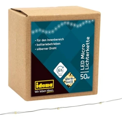 Imagen de Idena 31825 Microcadena de luces LED con 50 en blanco cálido, función temporizador 6 horas, funciona pilas, para fiestas, navidad, decoración, bodas, como luz ambiente