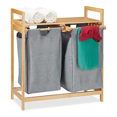 Imagen de Relaxdays Cesto Ropa Sucia con Estante, 2 Compartimentos de 30 L, Cesta Colada Bambú Extraíble 73x64x33 cm, Natural/Gris