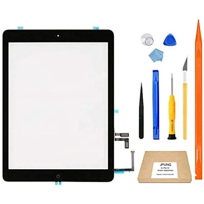 Imagen de JPUNG Pantalla táctil de repuesto para iPad Air digitalizador 1ª generación, solo A1474 A1475 A1476, con botón inicio, kit reparación completo, soporte cámara