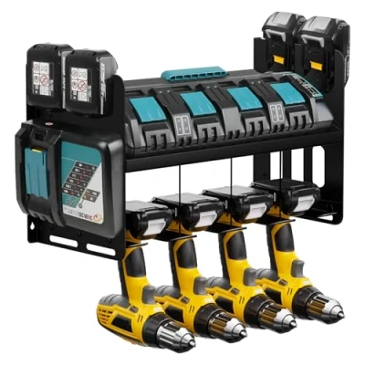 Imagen de JYiuog Soporte de pared para herramientas, cargador Makita DC18SF DC18RC, baterías 18 V/14,4 V y taladro impacto, portaherramientas taller garaje, organización estantería