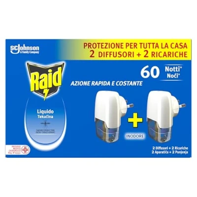 Imagen de Raid Líquido eléctrico antimosquitos de tigre y comunes, paquete Promo, contiene 2 difusores recargas, 60 noches, sin olor