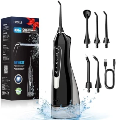 Imagen de COSLUS Irrigador Bucal Portatil Flosser: 300ML Dental Inalámbrico de Riego Para Limpieza Doble chorro agua IPX7 Impermeable Diente el Hogar baño y los Viajes Negro