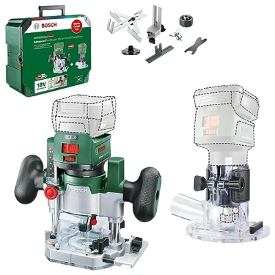 Imagen de Bosch fresadora a batería AdvancedTrimRouter 18V 8 (para bordes fresares, ranuras y motivos creativos; incluye 2 bases fresado + accesorios; sistema 18V; motor sin escobillas; en SystemBox)