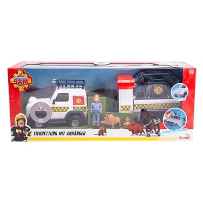 Imagen de Simba 109252624 Bombero Sam, Remolque Plegable para estación, vehículo con luz, Figura, Animales, Accesorios, L: 34 cm, a Partir de 3 años, Negro