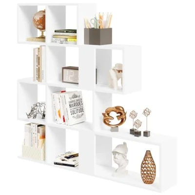 Imagen de eSituro Librería de 4 Niveles, Estantería para Libros con 11 Compartimentos, en Escalera, Separador Espacios, Salón, Dormitorio, Oficina, 115x19,5x109,5 cm, Blanco