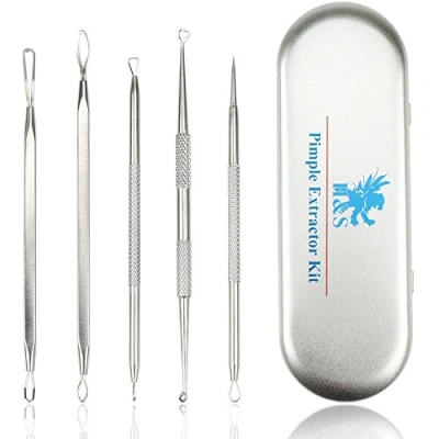 Imagen de H&amp;S Kit Limpiador y Extractor de Puntos Negros Quita Granos Acero Inoxidable con Herramienta Revienta Espinillas Aparato para Quitar el Acné + Estuche Metal