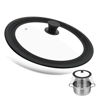 Imagen de tapa universal negra, de cristal para ollas y sartenes 28/30/32 cm diámetro, resistente al calor con borde silicona orificio vapor,