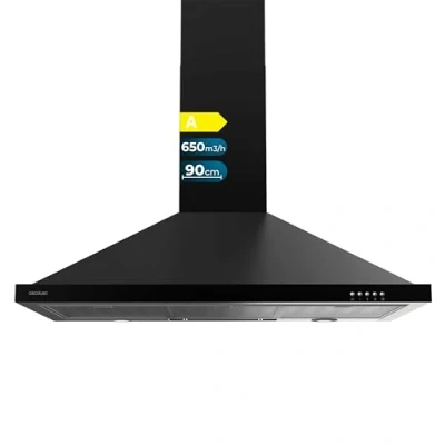 Imagen de Cecotec Campana Extractora 90 cm Piramidal Bolero Flux PM 906500 Black A. Motor 165W, Acabado Negro, Succión 650m3/h, Control Mecánico, 3 Niveles de Potencia, Luz y Filtro Carbono