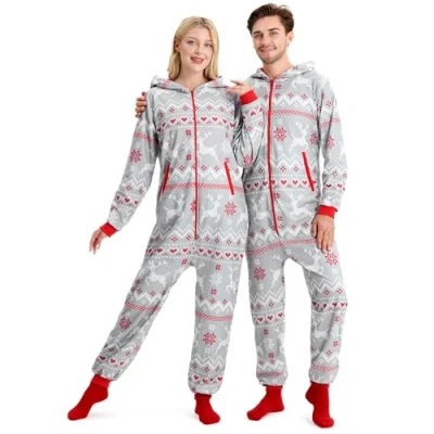Imagen de Giggling Getup Pijamas navideños Grises para Adultos y Hombres con Capucha Sueltos Estampado nórdico Monos S