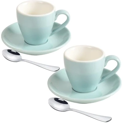 Imagen de ionEgg taza de café expreso porcelana con platillo y mini cucharas acero inoxidable, chupito, 80 ml, paquete 2, azul