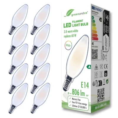 Imagen de greenandco 10x bombilla de filamento LED esmerilado E14 C35 3,8W 806lm sustituye A 60W 2700K blanco cálido 320 230V sin parpadeo clase energética no regulable