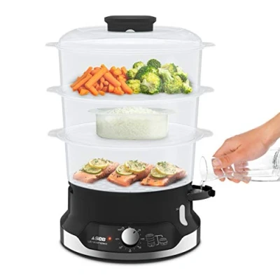 Imagen de Seb Ultracompact Olla de vapor, cocción sana, 9 L, 800 W, 3 cuencos apilables, bandeja arroz y cereales, temporizador 60 min, apagado automático, nivel agua visible, fácil almacenar