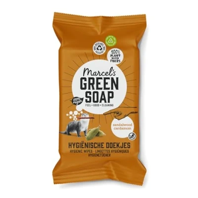 Imagen de Marcel&#039;s Green Soap Toallitas húmedas higiénicas para la limpieza Paquete de 60 sándalo y cardamomo a base hierbas respetuosas con el medio ambiente