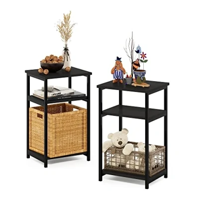 Imagen de Furinno Solo Mesa Auxiliar de Marco Metal con estantes Almacenamiento, Madera, Espresso, Paquete 2, 2 Unidades