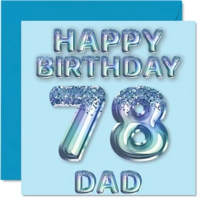 Imagen de Tarjeta de cumpleaños número 78 para papá, globos fiesta con purpurina azul, tarjetas feliz papá años, padre hijo e hija, felicitación 145