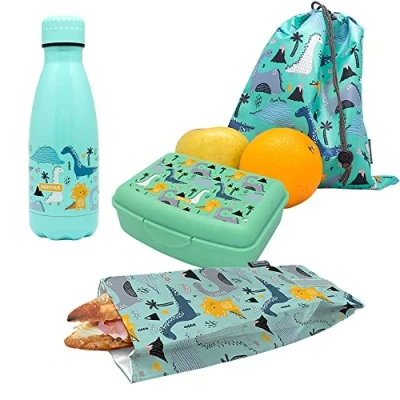 Imagen de NERTHUS FIH 1037 SET Botella Doble Pared Acero Inox + Lunchbox Bolsa Bocadillo Mochila Dinosaurios