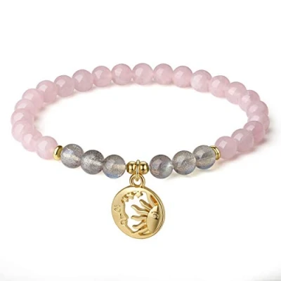 Imagen de COAI Pulsera para Mujer de Cuarzo Rosa y Labradorita Piedras Naturales con Amuleto Sol Luna