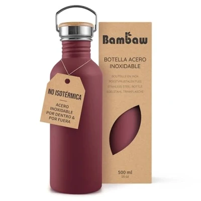 Imagen de Bambaw Botella agua acero inoxidable 500ml No Térmica, de roja, niños, 500ml, gimnasio Rojo cereza