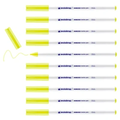 Imagen de edding 4600 rotulador textil amarillo neón caja de 10 punta redonda 1 mm rotuladores textiles permanentes para dibujar en tejidos, resistentes a lavados hasta 60 C tela