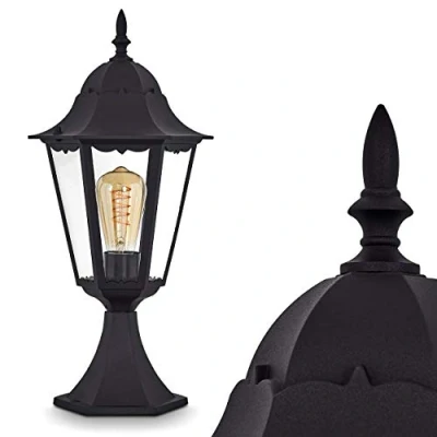 Imagen de lámpara de exterior Hongkong, aspecto antiguo, aluminio fundido en negro mate con cristales transparentes, luz camino 49 cm, jardín retro/vintage, casquillo E27, IP44, sin bombilla(s)