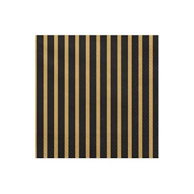 Imagen de PartyDeco servilletas de 3 vías rayas negras y doradas, decorativas para fiesta cumpleaños, luna miel, papel impreso, decoración mesa