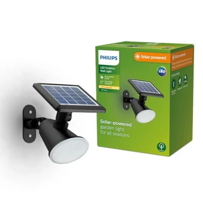 Imagen de Philips Lighting Aplique pared Exterior Jivix, alimentación solar, 1.4W, 2700K, negro, resistente a intemperie IP44