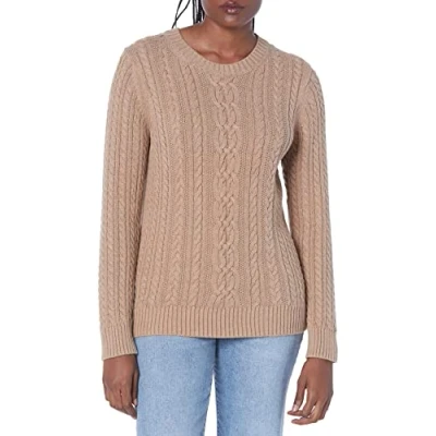 Imagen de Amazon Essentials Jersey de Cuello Redondo y Manga Larga en Punto Trenzado con Ochos (Disponible Tallas Grandes) Mujer, Camel Mezcla, XXL