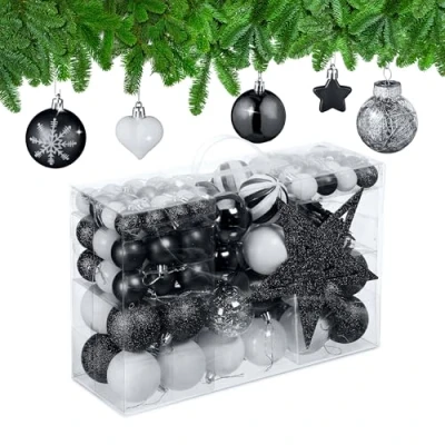 Imagen de Relaxdays Set 101 Bolas Árbol Navidad, Plástico, Adornos Navideños con Bolitas y Estrella, Decoración, Negro/Blanco, Varios tamaños