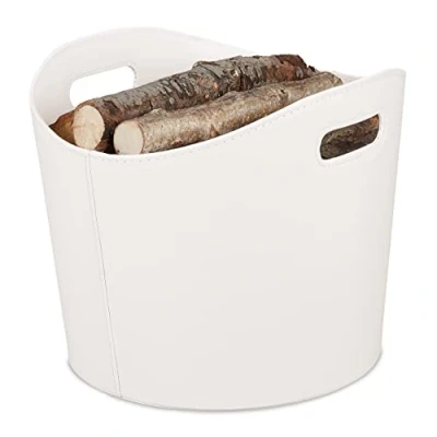 Imagen de Relaxdays Cesta para Leña Piel Sintética L, Canasto Troncos con Asas, Madera de Chimenea, Blanco Crema, Acero