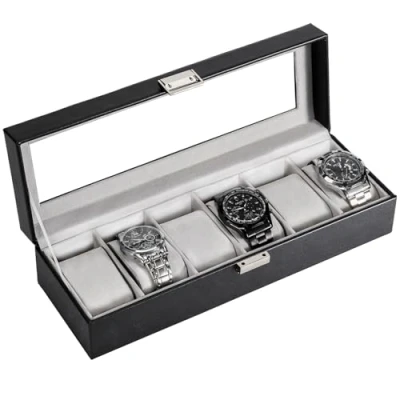 Imagen de Procase Caja de Relojes con 6 Compartimentos, Guarda Reloj Tapa Cristal y Cojín Extraíble Organizador para Hombres Mujeres Negro