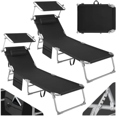 Imagen de TecTake® Set de 2X Tumbonas Jardín Exterior, Plegables con Reposacabezas, Parasol y Bolsillo Lateral, Playa Reclinables 4 Posiciones, Tumbona Piscina Resistente a Intemperie Negro