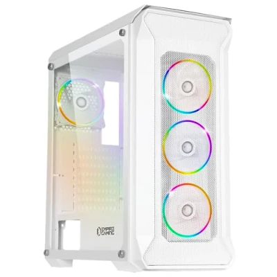 Imagen de EMPIRE GAMING Caja PC Gamer DarkWitcher ARGB Torre Mediana ATX Frontal Metal Mesh y Pared Lateral de Vidrio Templado 4 Ventiladores 5 Voltios PWM LED RGB direccionables 120 mm Blanco