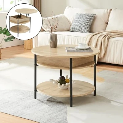 Imagen de [en.casa] Mesa de Centro Kandas Baja Redonda con Tablero Elevable Compartimento Interno y Estante Mueble Auxiliar Mesita para Salón 70 x 49 cm Efecto Roble