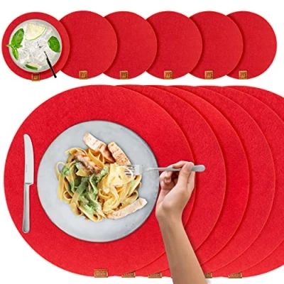 Imagen de MIQIO® manteles Individuales de diseño Redondo Fieltro Lavable con Marca Piel auténtica y Posavasos Cristal 6 Rojo como decoración Navidad o Gris