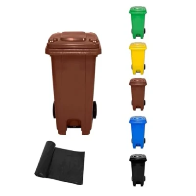 Imagen de JARDIN202 Cubo de Basura 120 Litros con PEDAL y Ruedas Contenedor Robusto L + Bolsas (Marrón)
