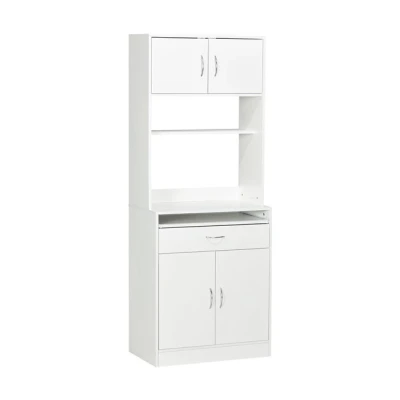 Imagen de HOMCOM Alacena de Cocina Mueble Aparador Auxiliar con 4 Puertas Bandeja Extraíble Estante Ajustable Cajón y Encimera Microondas Abierta 70x40x180 cm Blanco
