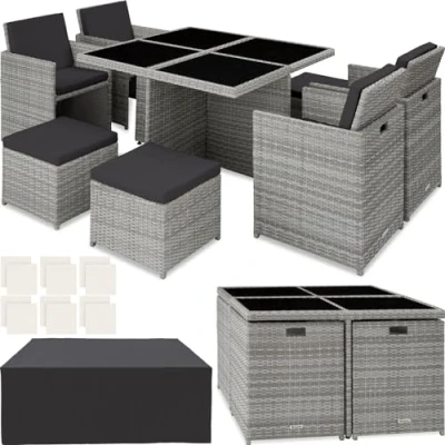 Imagen de TecTake® Conjunto Jardín Exterior de Ratán y Aluminio, Muebles Resistentes a la Intemperie, para hasta 8 Personas, con 2 Juegos Fundas Funda Protectora Gris Claro