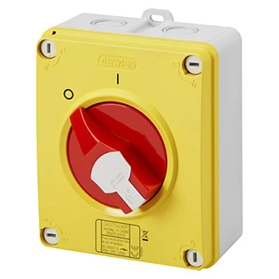 Imagen de GEWISS Interrutador de seccionador, HP emergencia, en caja aislante, 25 A, 2 P, mango rojo candable, IP66/67/69