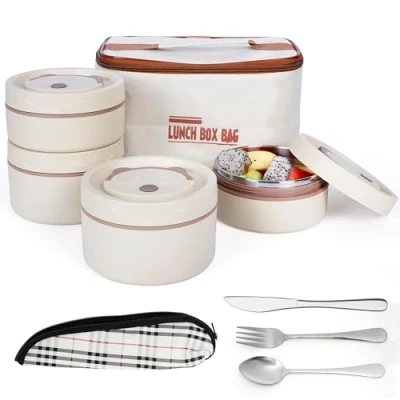 Imagen de BELLE VOUS Set de Termo Fiambrera con Cubiertos 4x Cajas Bento Apilables Beige Acero Inoxidable Bolsa Termica Taper para Comida Caliente y Solidos Adulto Niño o Bebe