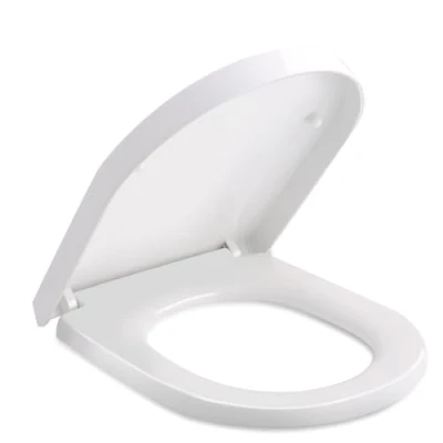 Imagen de Himimi Tapa WC Universal, Asiento de Inodoro en Forma D, Tapas Water Cierre Suave Lento, Bisagras Ajustables, Desmontaje Rápido, Tapadera Fácil Limpiar(450 x 361 53 mm)